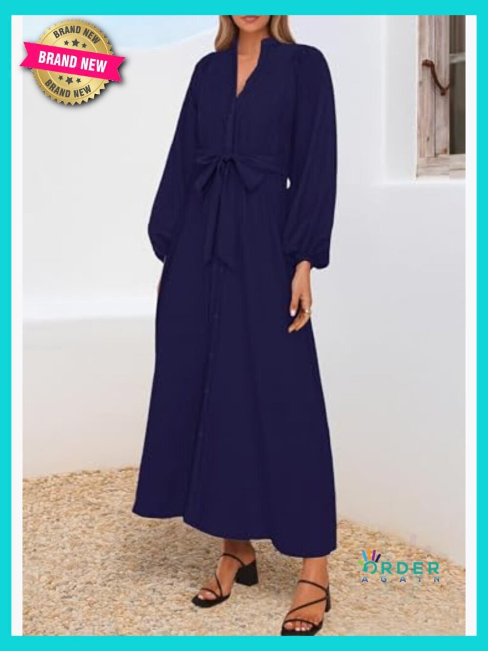 Boho Floral Maxi Dress Long Sleeve Button Down Belted with Pockets Loose Fit - Picture 5 of 7